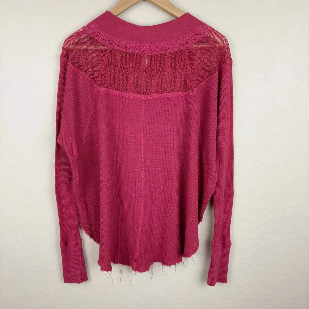 Free People Spring Valley Long Sleeve Thermal Top Red Womens Size S Lace Boho